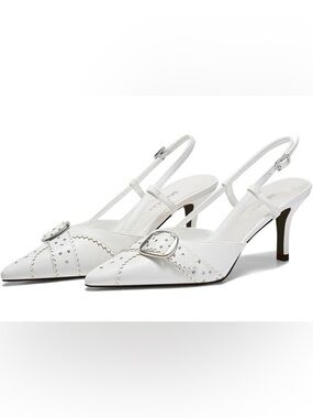 White Slingback Pointed Toe Heels with Buckle